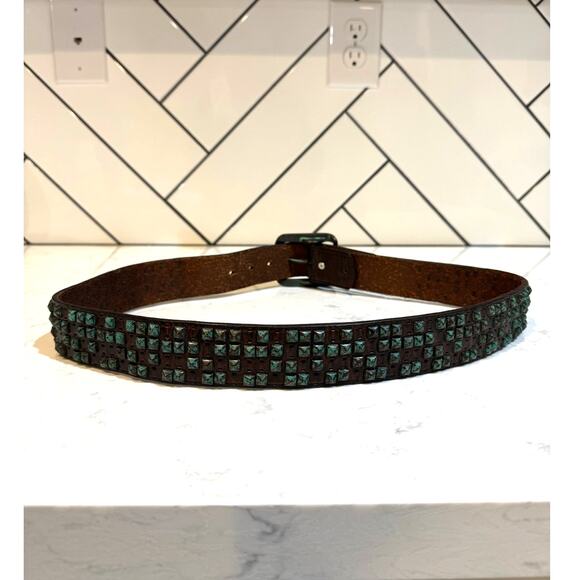 Vintage Brown leather metal turquoise patina studded belt size 34-38” western